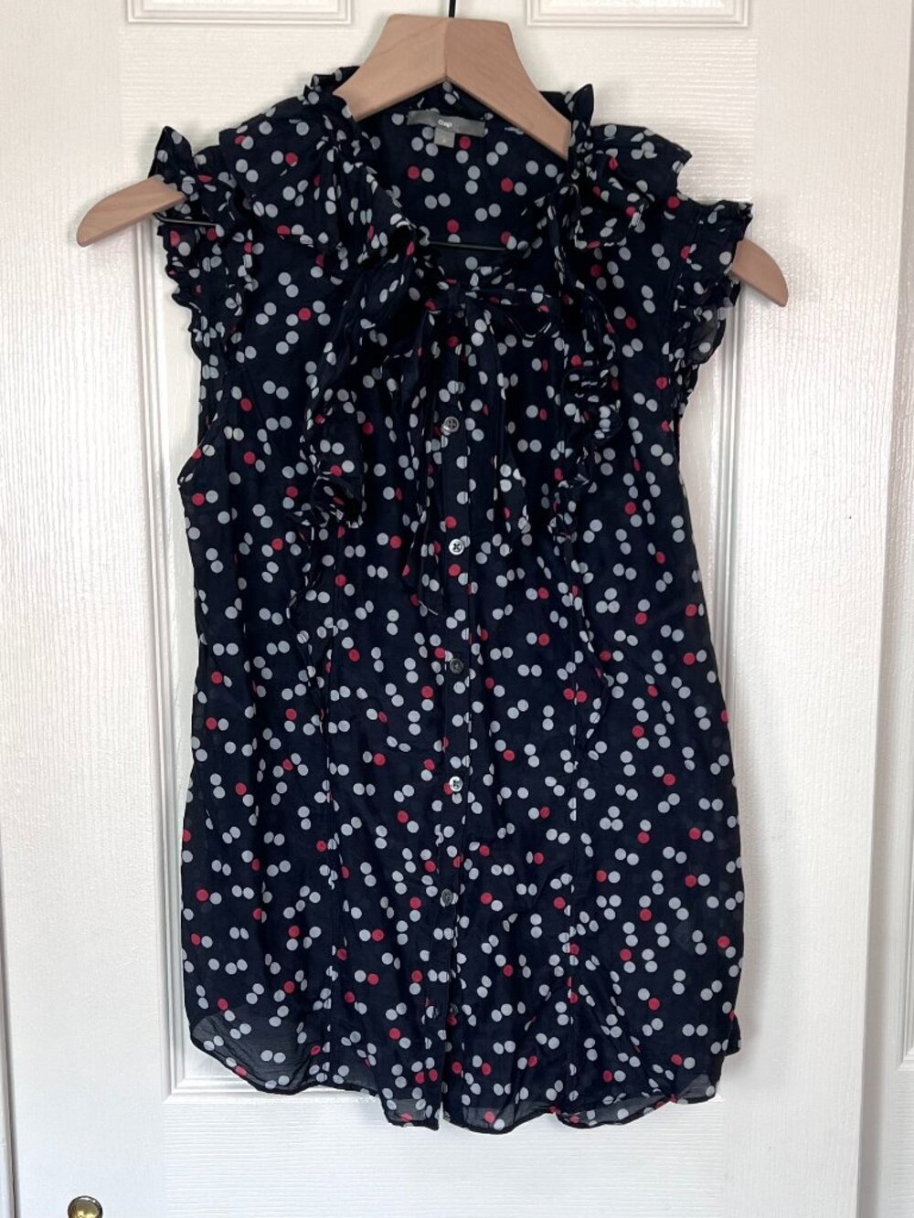 Gap Cotton Silk Blend Ruffle Sleeveless Polka Dot Blouse Navy Blue Size S